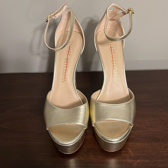 Stuart Weitzman Discoplatform Nudistcurve Metallic Leather Sandals Size 9.5 - Picture 2 of 9